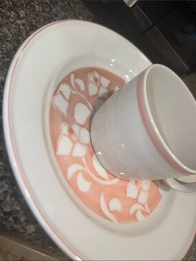 Vintage Martha Stewart White Porcelain Cup & Saucer Set with Peach Floral Band